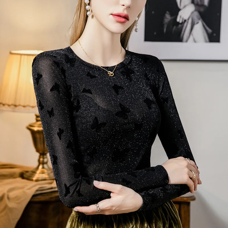 Boweylun Herbst Neue Schmetterling Strömten Glänzende Seide Mesh Langarm T-Shirt Weibliche Dünne frauen Bottom Shirt Tops