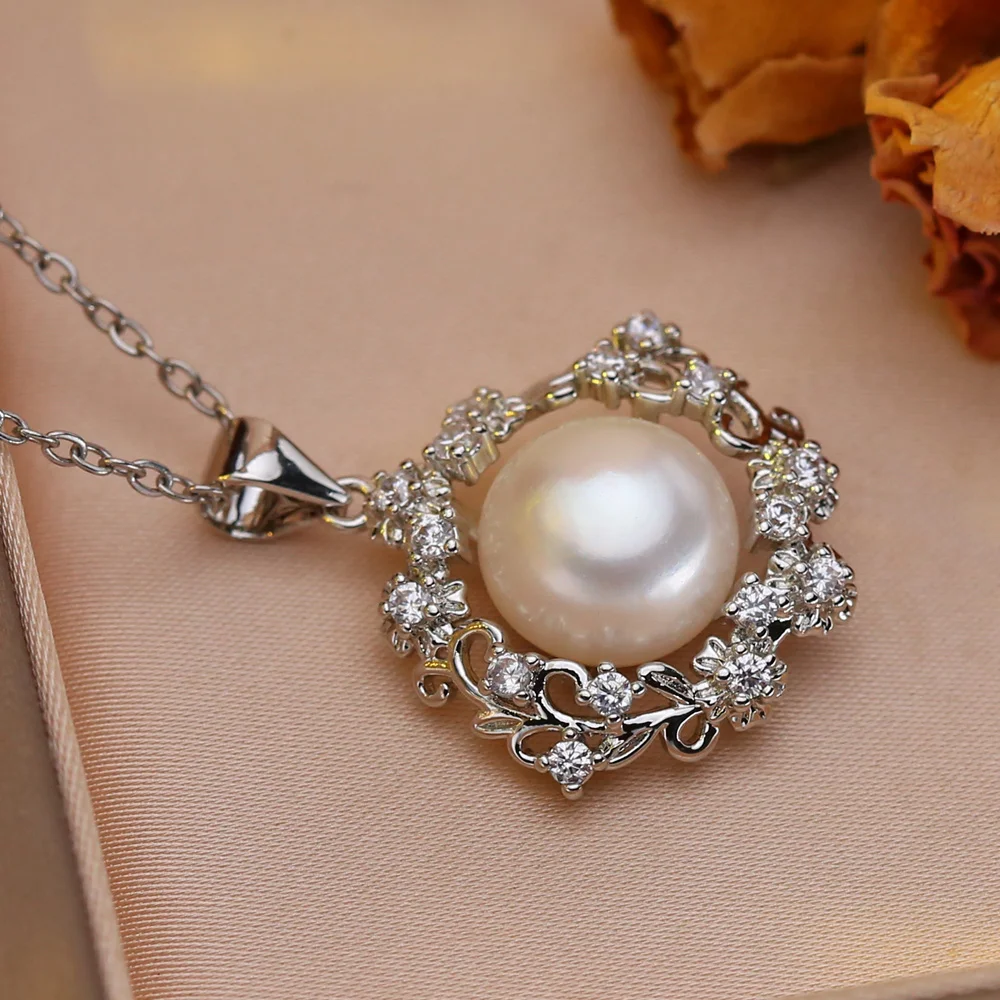 10-11mm Big Natural Freshwater Pearl Necklace For Women Cubic Zirconia Leaf Necklace Pearl Pendant Jewelry Party Gift
