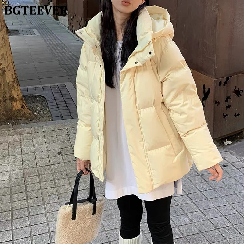

BGTEEVER Winter Fashion Thick Warm Long Sleeve Hooded Parkas for Women Casual Loose Single-breasted Zippers Ladies Overcoats