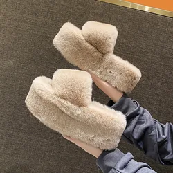 Shoes Woman 2025 House Slippers Platform Pantofle Fur Flip Flops On A Wedge Heeled Mules Flock Luxury Slides New Plush High