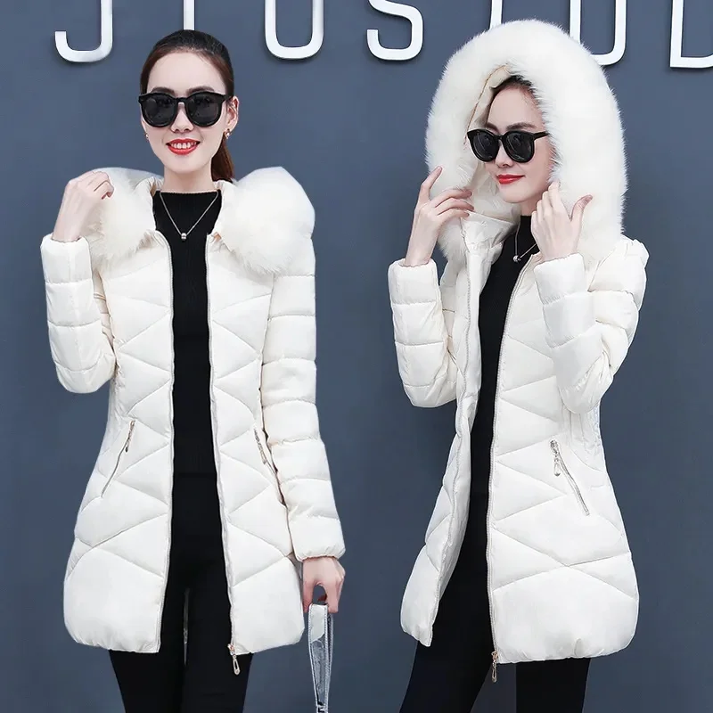 2024 Winter Women Parka Coats Long Cotton Casual Fur Hooded Jackets Thick Warm Slim-fit Jacket Female Overcoat Clothing