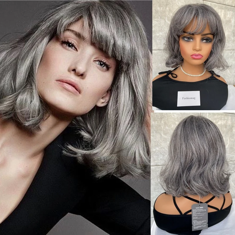 

Salt and Pepper Medium Bob Wavy Gray Hair Blend Wig Women Natural