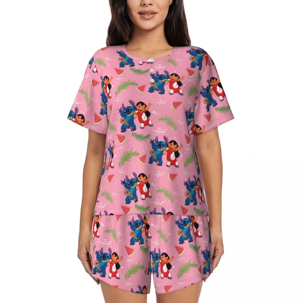 

Womens Cartoon Anime Manga Stitch Pajamas Set Custom Print Short Sleeve Sleepwear Loungewear Pjs 2 Piece Sets
