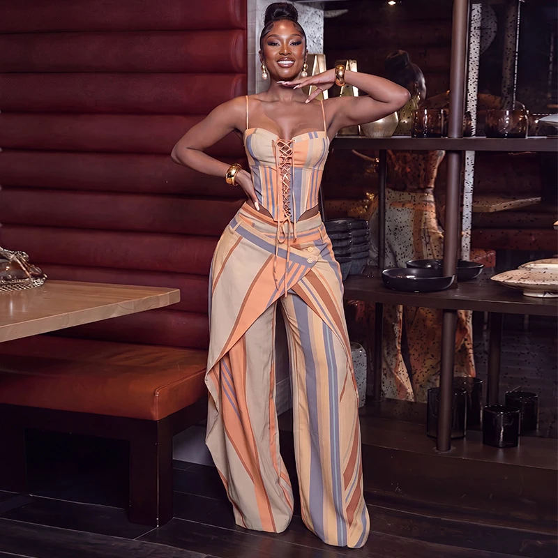 New Fashion Women Two Piece Set Spaghetti Strap Lace Up Crop Vest Top And Wide Leg Pants Set Streetwear