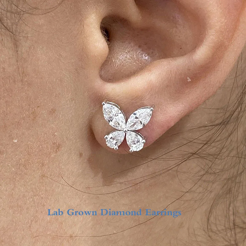 14K White Gold Stud Butterfly Earrings 1.8 Ctw Marquise & Pear Cut HPHT Lab Grown Diamond DEF/VS A gift For Her NO IGI