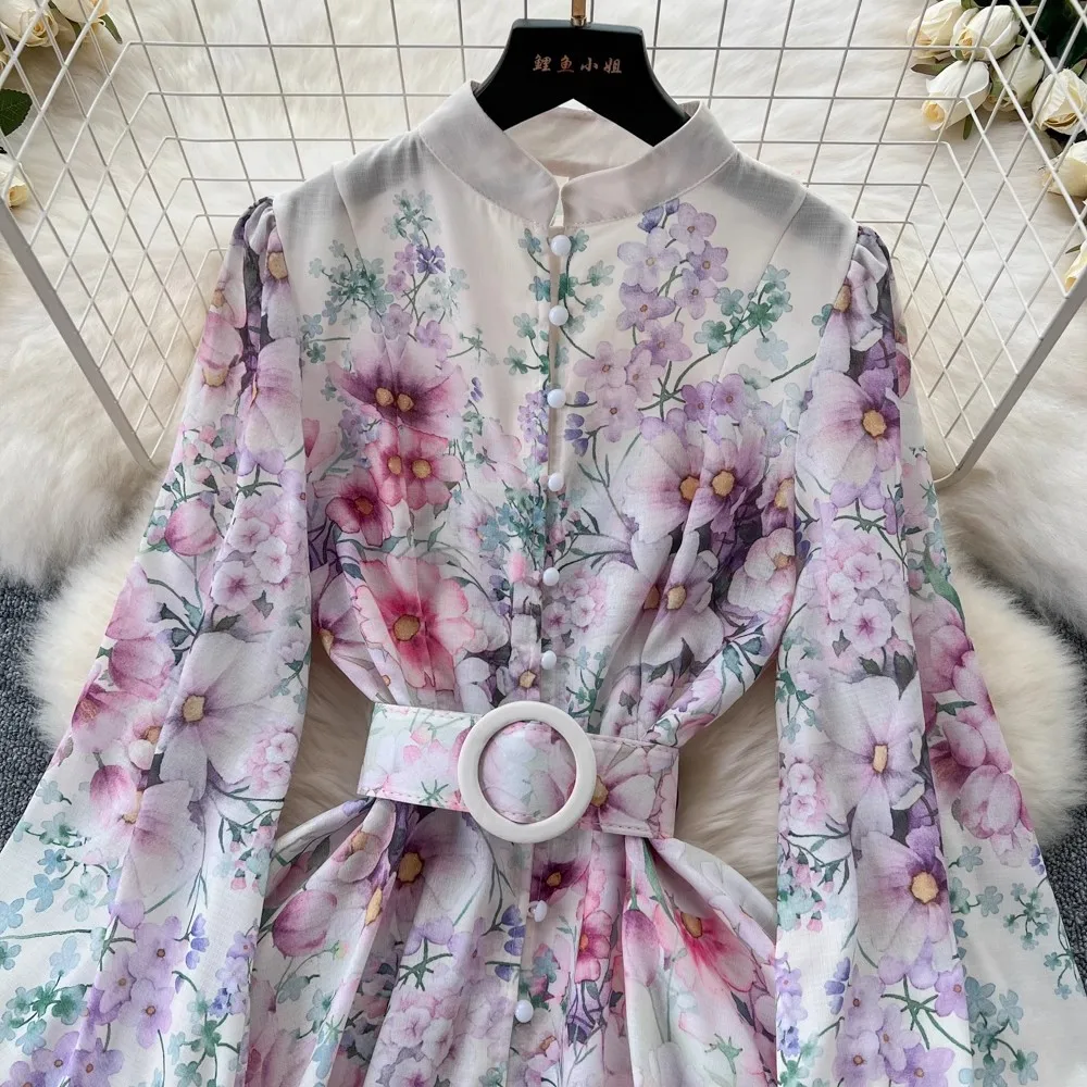 Women Linen Clothing Spring Summer Runway Fashion Flower Print Vintage Dress Stand Neck Long Lantern Sleeve Belted Mini Dress