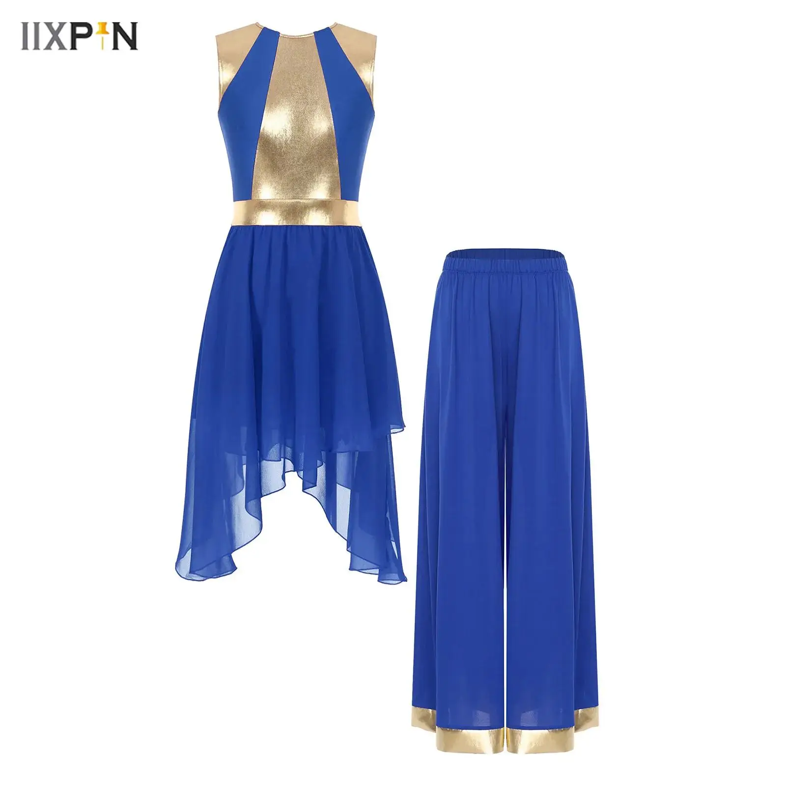 

Womens Worship Praise Dance Outfits Metallic Shiny Sleeveless Irregular Hem Dress+Wide Leg Pants Set Lyrical Modern Dance Dress