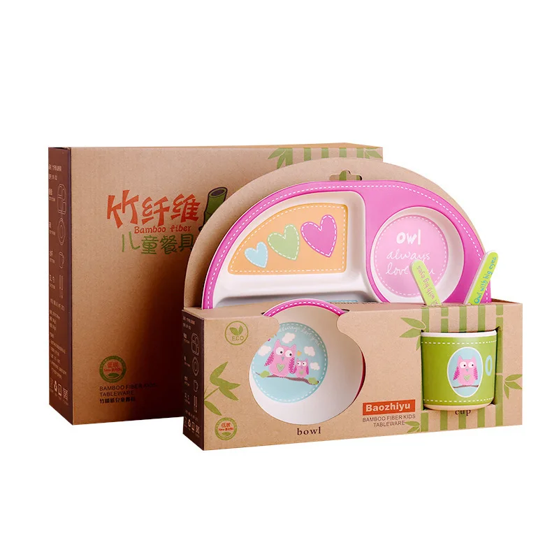 Picture 7: 5pcs Creative Bamboo Fiber Children Tableware Set Cartoon Grid Dinner Plate Rice Bowl with Cup Fork Spoons for Home Kindergarten