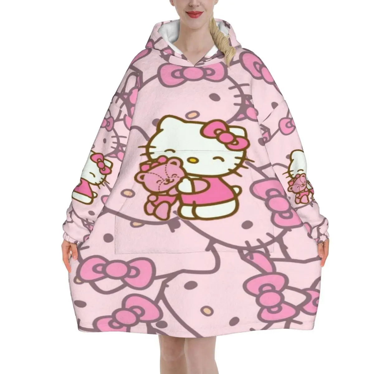 

Hellos Kittys Рождество Зима Снег Санта Негабаритное одеяло Толстовка с капюшоном Длинное флисовое носимое одеяло с капюшоном