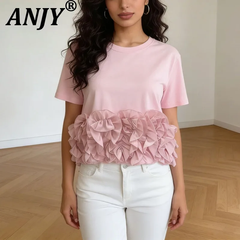 

ANJY Новая летняя женская элегантная повседневная футболка свободного кроя с коротким рукавом, однотонная, с пэчворк-дизайном, модный топ с рюшами A22273