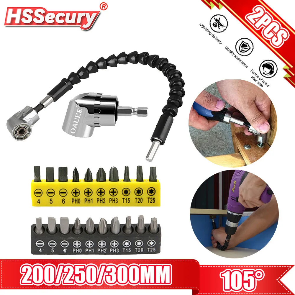 105 Degree Right Angle Drill Attachment and Flexible Angle Extension Bit Kit for Drill or Screwdriver 1/4\