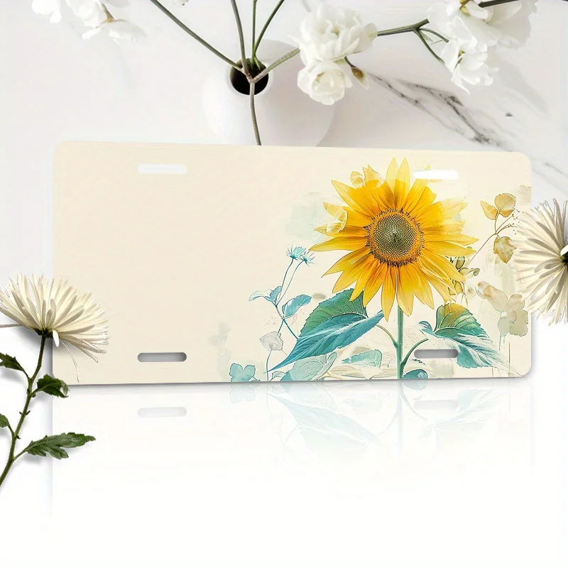 2D Flat, 1pc 2D FLAT 6x12 Inch (15.2x30.5cm) Car License Plate with Yellow Sunflower Design and Light Blue Leaf Accents, 2pcs Se