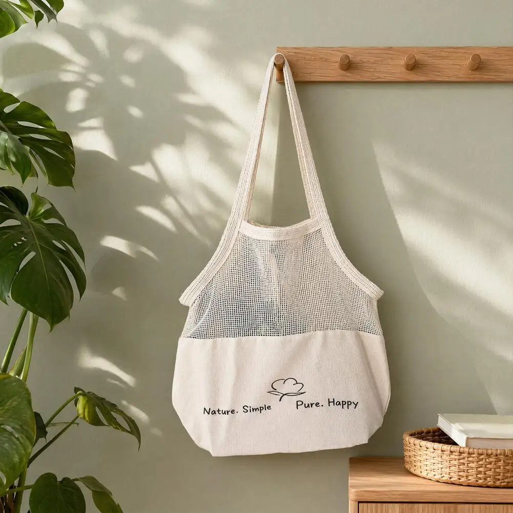 Durable Cotton Canvas Bag Reusable Canvas Shopping Bag Mesh Splicing Capacity Tote Washable Grocery Bag for Use Eco-friendly