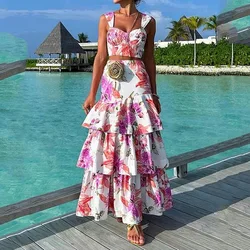 Skirt Set Women Two Piece Sets Print Floral Dress Sets Sling Short Tops Vest Cake Long Skirts Sexy Elegant Splice Beach Summer