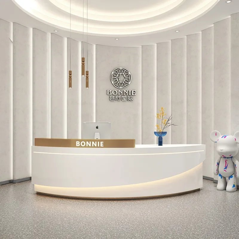 Modern Curved Stainless Steel Reception Desk Light Luxury Checkout Counter for Beauty Salon Dance Studio Company Front Office