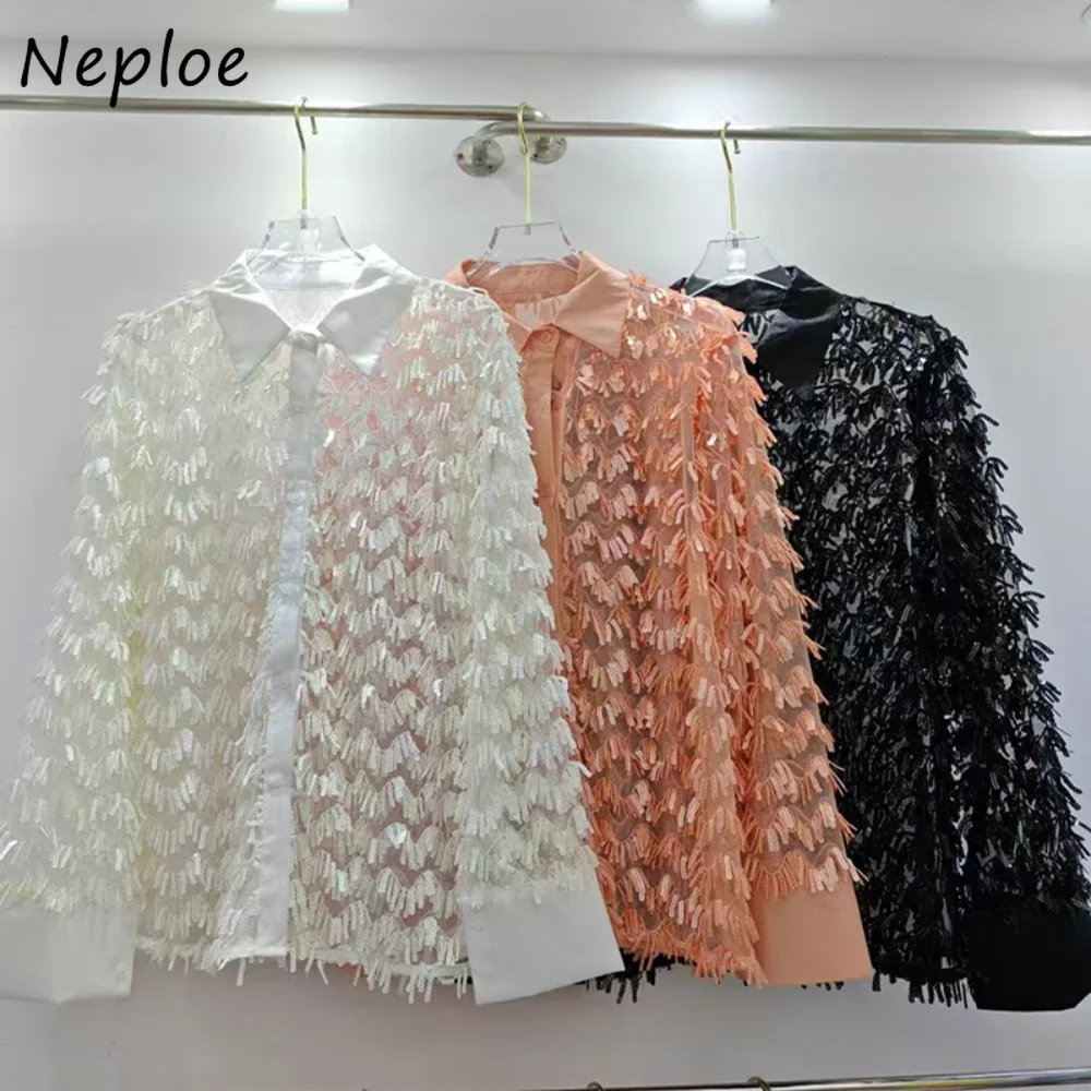 

Neploe Office Lady Loose Simple Heavy Mid-length Ropa Mujer Sequin Tassels Sunscreen Crop Top 2025 Summer New Fashion Women Tops