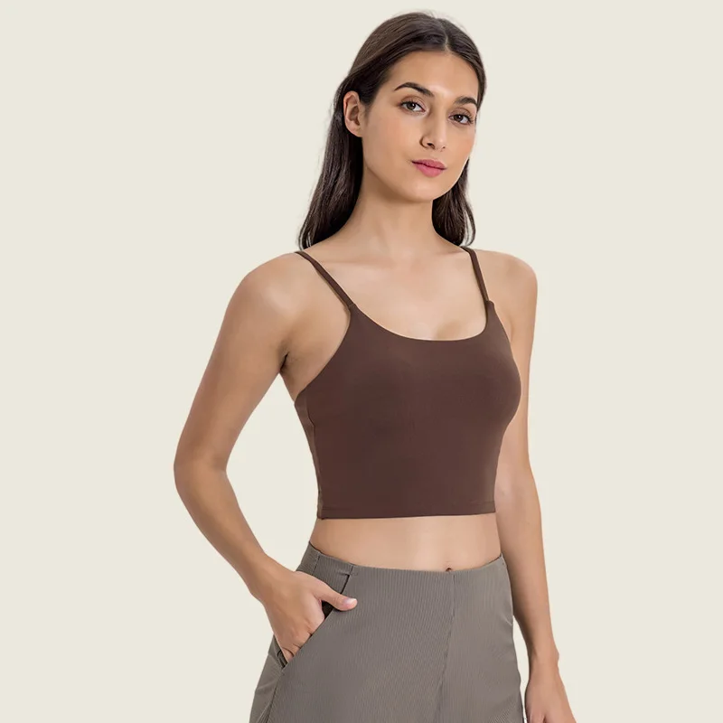 

Solid Color Belly-Button Top Yoga Waistcoat Vest Women's Skinny Straps with Halters Gym Fitness Top Sports Bra with Chest pad