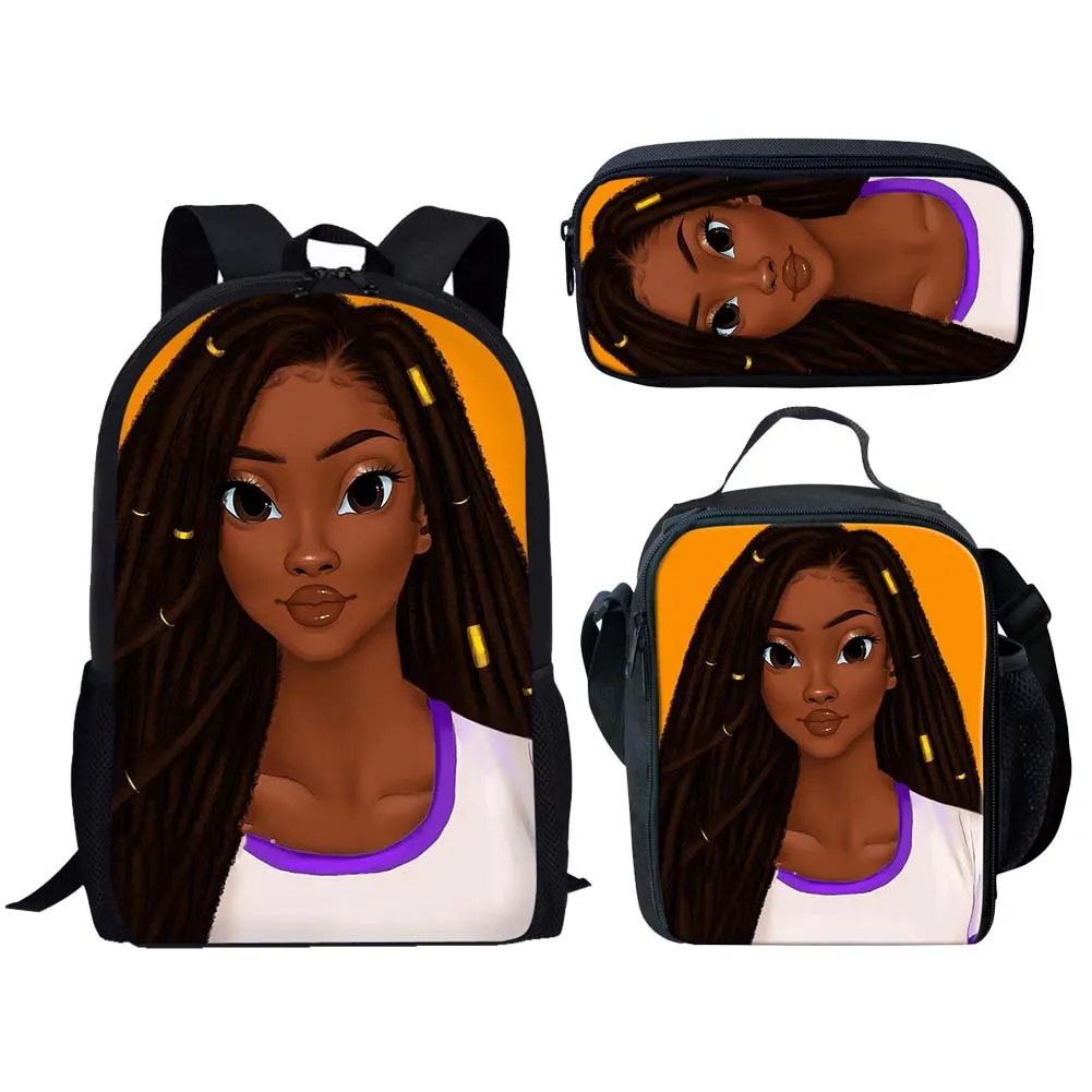 Kartun keren gadis Afrika 3 Pcs/Set ransel cetak 3D tas sekolah kampus siswa Anime Laptop tas makan siang tas pensil