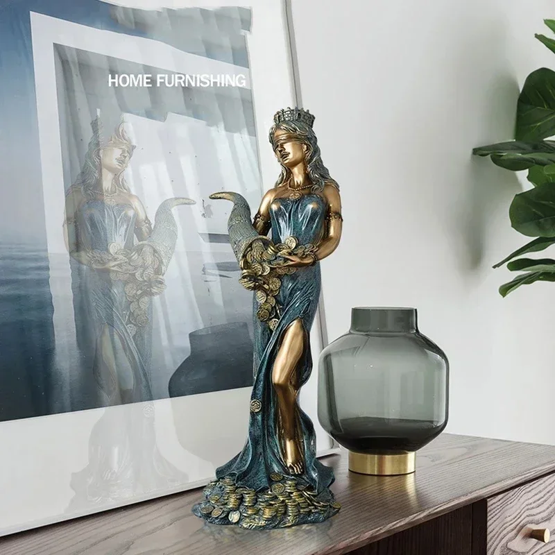 Large Size Resin Blinded Greek Wealth Goddess Fortuna Figurine Plouto Lucky Fortune Sculpture Office Gift Home Decor