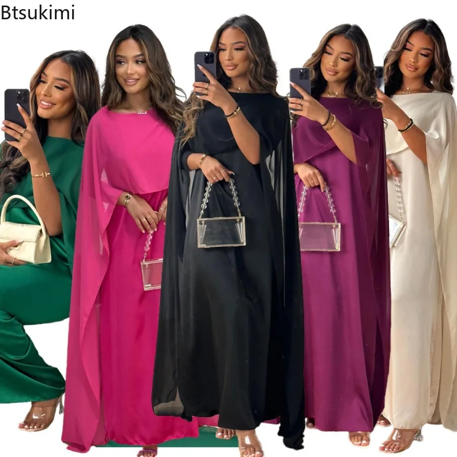 New Women\'s Solid Elegant Maxi Dress Cape Sleeve Patchwork Formal Evening Dresses Muslim Fashion Abayas Women Chiffon Party Robe