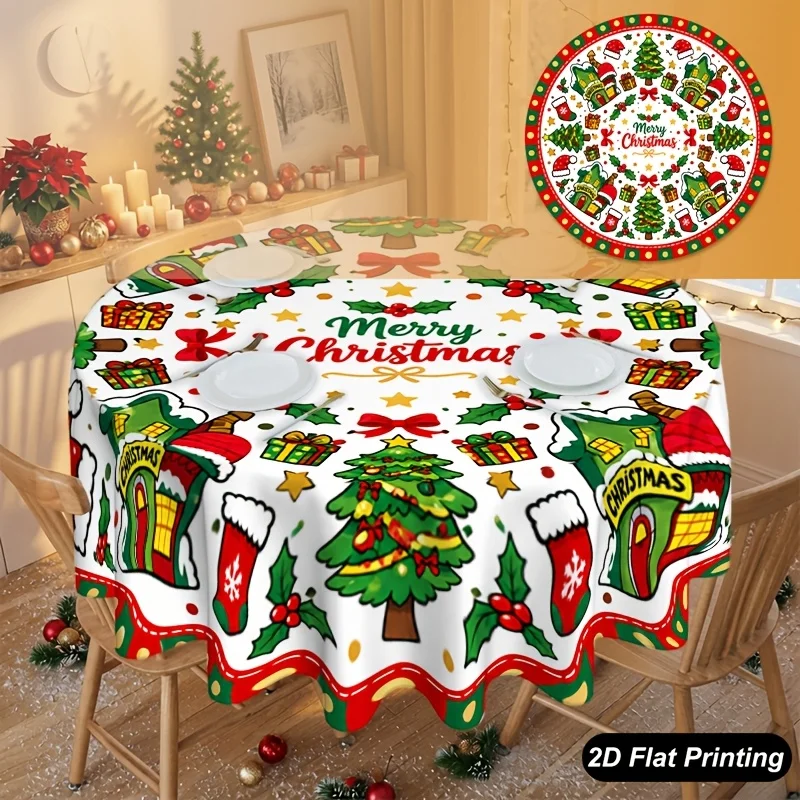 A 1-piece round Christmas tablecloth, Merry Christmas Town is the perfect decoration for your table and home environment.