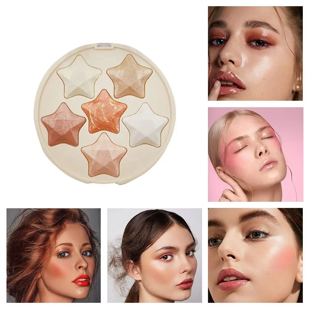 Five-pointed Star Glitter Highlighter Palette ธรรมชาติ 6 สี Face Contour Blush Palette Brighten อายแชโดว์กันน้ํา Palette