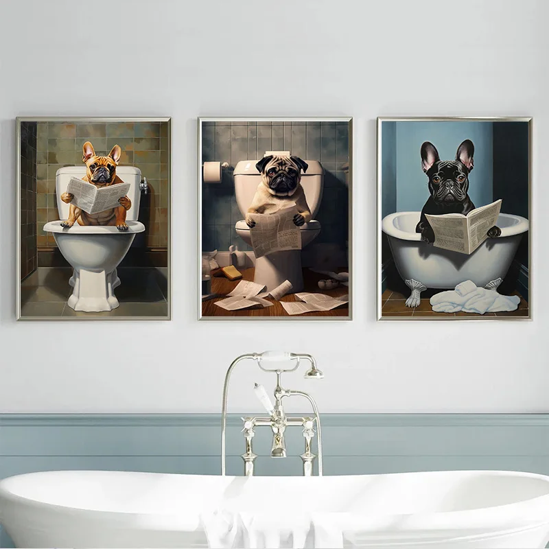 Funny French Bulldog Pug Dog Sit on Toilet Read Newspaper Poster Canvas Painting Print Animal Wall Art for Bathroom Home Decor