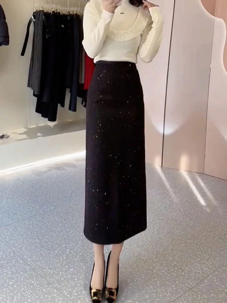 

Ele Bla Tailored Skirt iny Sequin Suiting Spring 2025 New Sle Faionable Women's plus Size Skirts