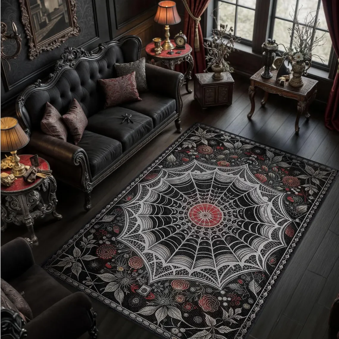 Gothic Red and Black Spiderweb Area Rug, Soft Non-Slip Indoor Outdoor Floor Mat for Bedroom and Living Room Decor - view 2
