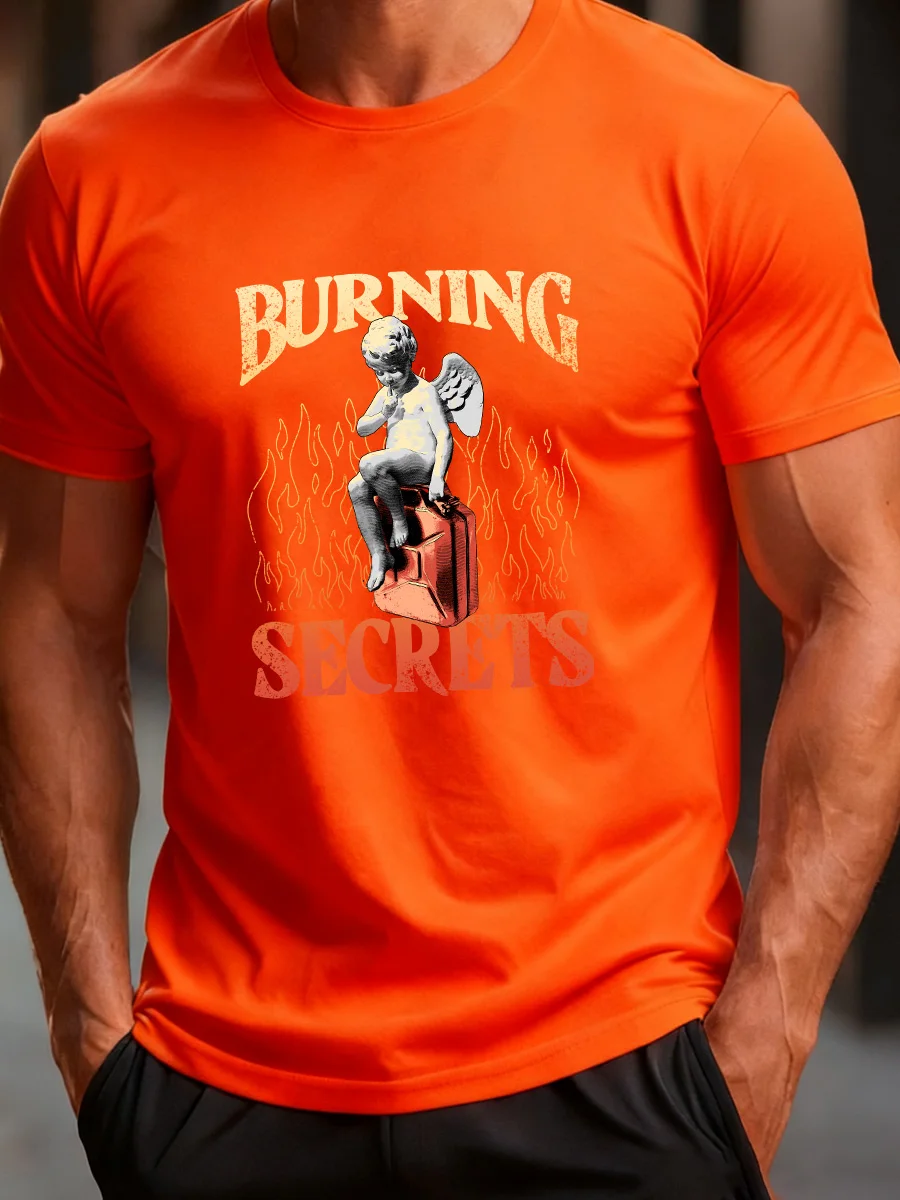

Orange Short Sleeve "Burning Secrets" Angel Graphic T-Shirt with Flame Design for Men's Casual Wear