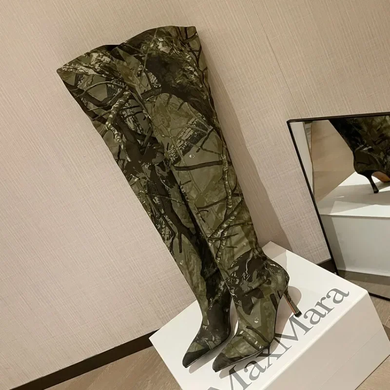 2024 Pointed 8cm High Heel Boots Camo Over Knee Boots New Internet Celebrity Grey Folding Knee High Heel Women's Boots 34-42