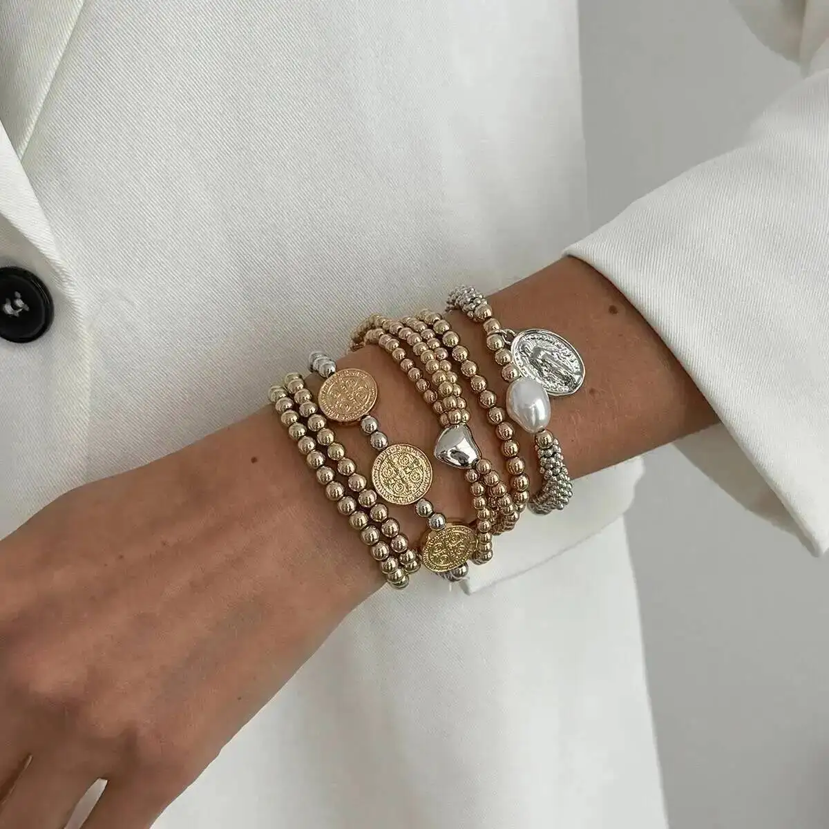 KunJoe 6Pcs/Set Vintage Gold Color Acrylic Beaded Bracelet Women Fashion Stackable Statue Coins Pendant Bracelet Jewelry Gifts