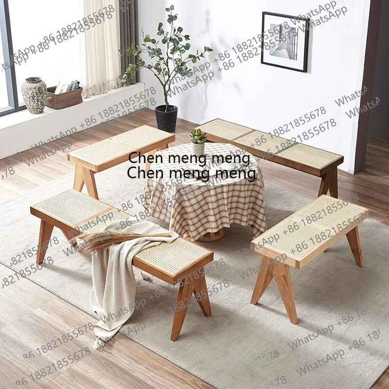 Retro rattan bench, bedroom, bedside solid wood shoe changing stool, living room, homestay, bedside stool   H