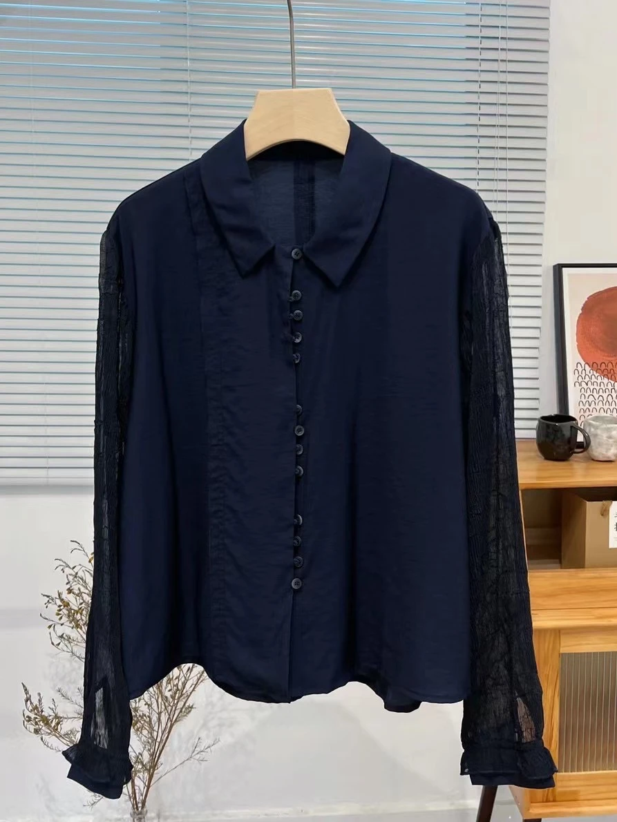 

Повседневная свободная женская рубашка с пуговицами, художественный дизайн, для работы, удлиненный рукав, воротник-стойка, удлиненная длина