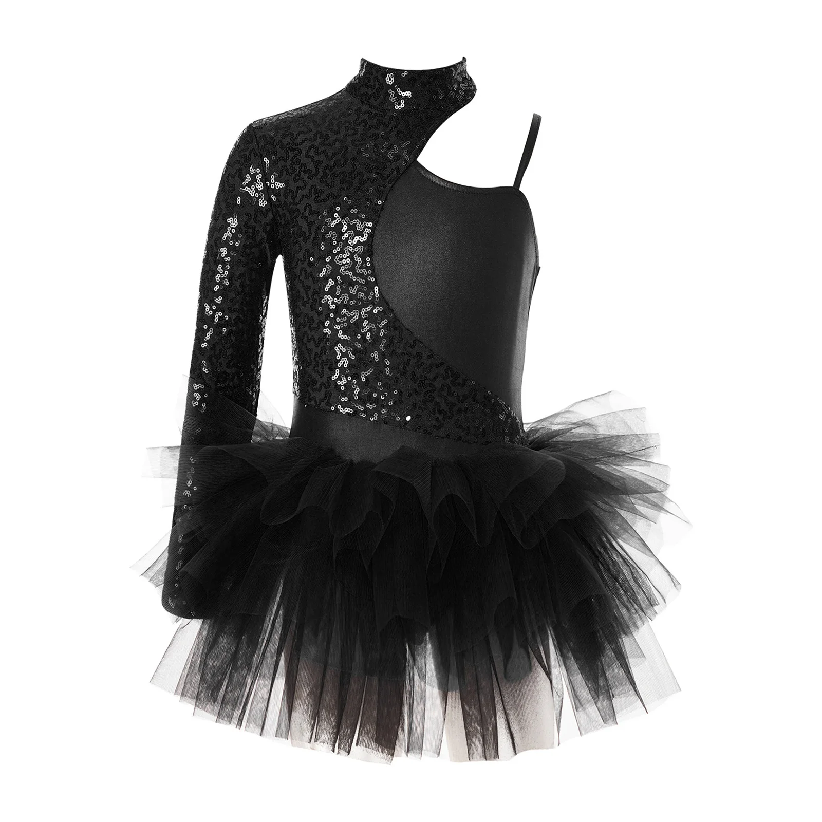 

Kids Girls Ballet Dance Leotard Tutu Figure Skating Gymnastics Asymmetrical Shoulder Costume Sequins Skirted Bodysuit Clothing