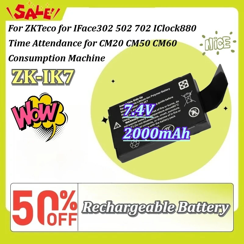 New ZK-IK7 7.4V 2000mAh Battery for ZKTeco for IFace302 502 702 IClock880 Time Attendance for CM20 CM50 CM60 Consumption Machine