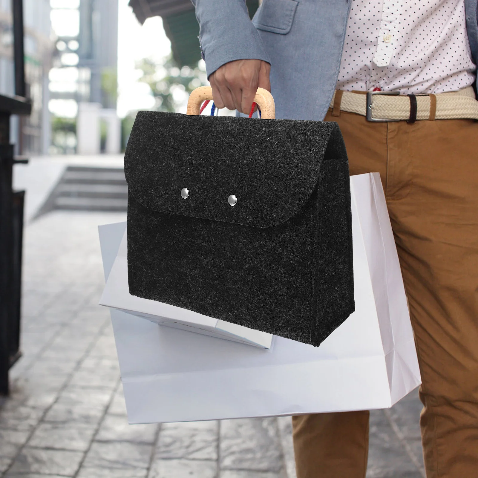

Felt Handheld Storage Bag Large Capacity Portable File Organizer Tote Wooden Handle Business Office Use Deep Grey Color