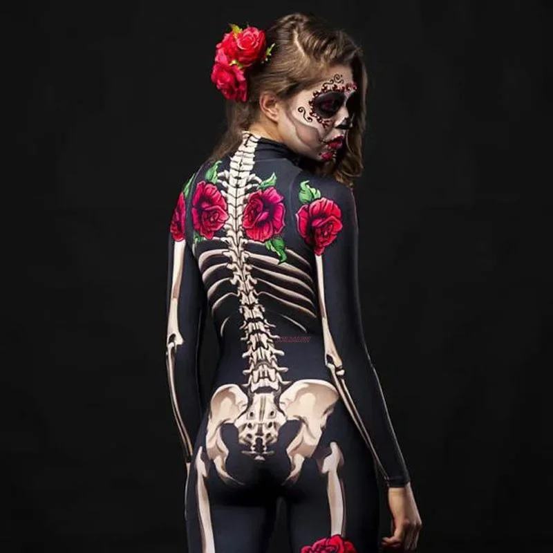 Disfraz de fantasma aterrador para mujer y adulto, mono Sexy con esqueleto de rosa para Halloween, mono Sexy para diablo, fiesta de Carnaval para niña, Día de los muertos V