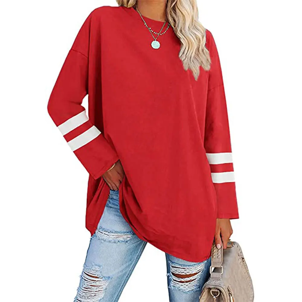 

Women's Long-sleeved T-shirt Cotton-blend Loose O-neck Contrasting Fashion Pullover Casual Top Basic Versatile Tees