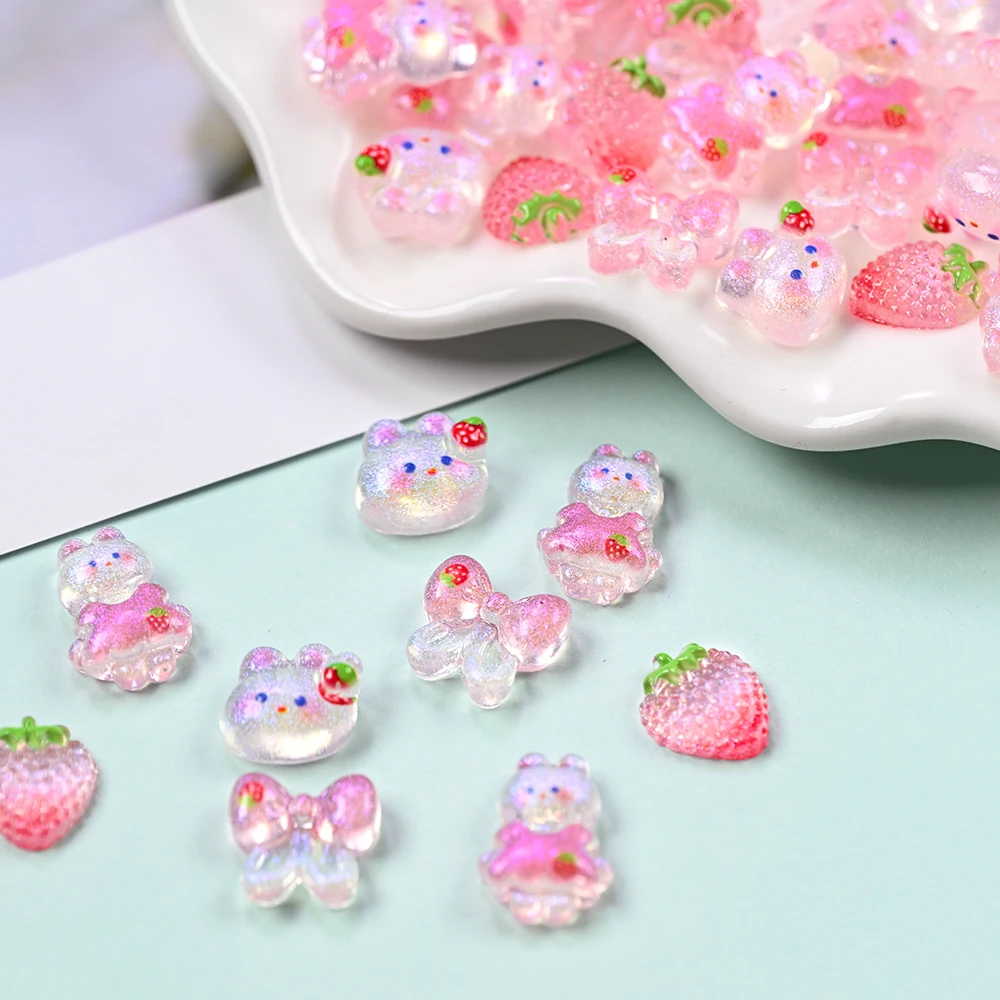 50個入り キュートなストロベリーラビットボウネイルアートチャーム 3Dオーロラピンクグラデーション ストロベリー/ボウネイルジェム グリッターラビットネイルデコレーション