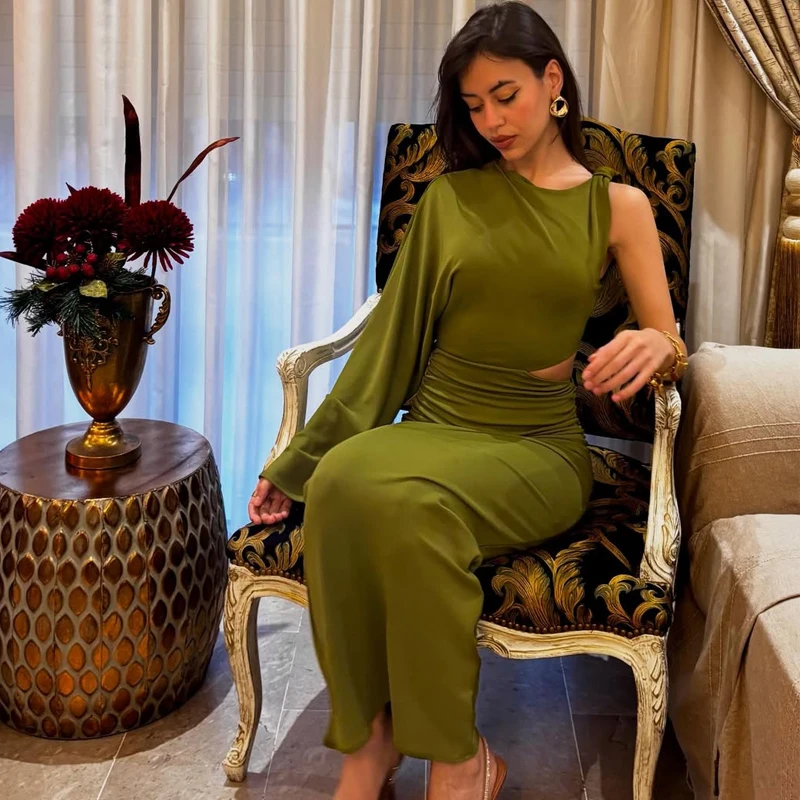 HXAO Green Midi Dresses 2025 Woman Summer Cut Out Party Dresses One Shoulder Long Sleeve Long Dress Women Sexy Prom Dress 088