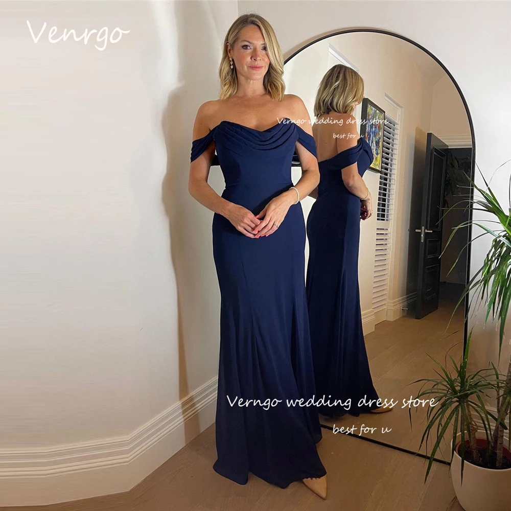 Verngo Women's Navy Blue Mermaid Evening Dresses Off the Shoulder Sleeves Chiffon Mother Bride Formal Party Gowns Bridesmaid