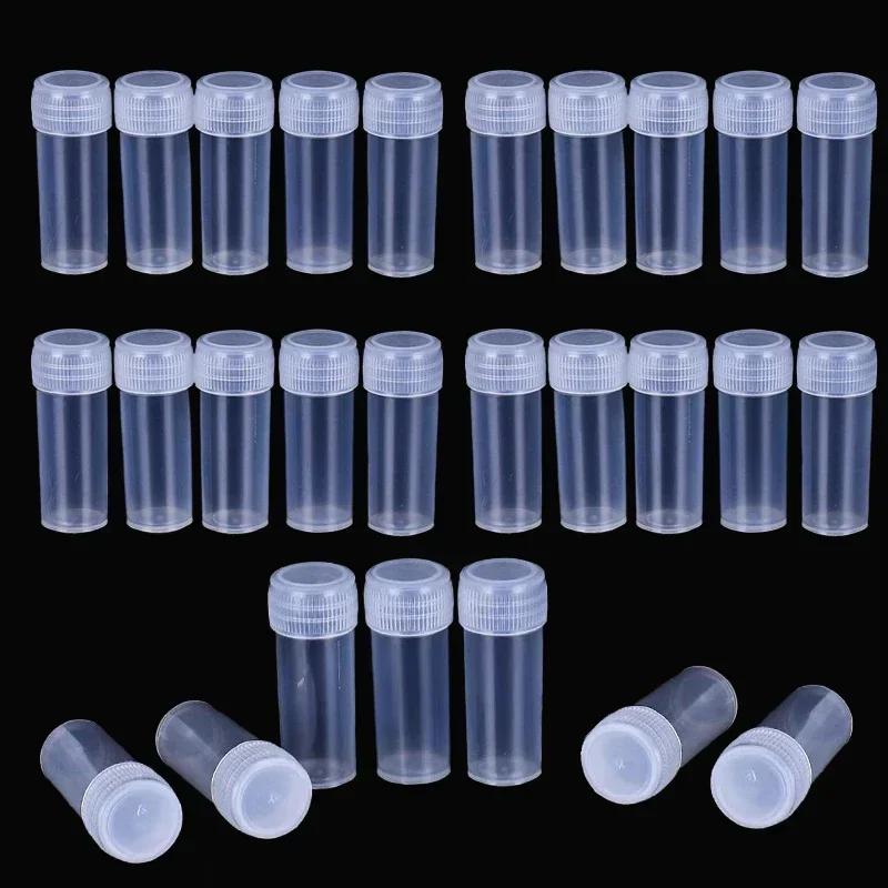 100 unids/lote 5ml/5g Mini botellas de plástico transparente para muestras, recipientes pequeños para medicina, píldora, almacenamiento de cápsulas de polvo sólido líquido
