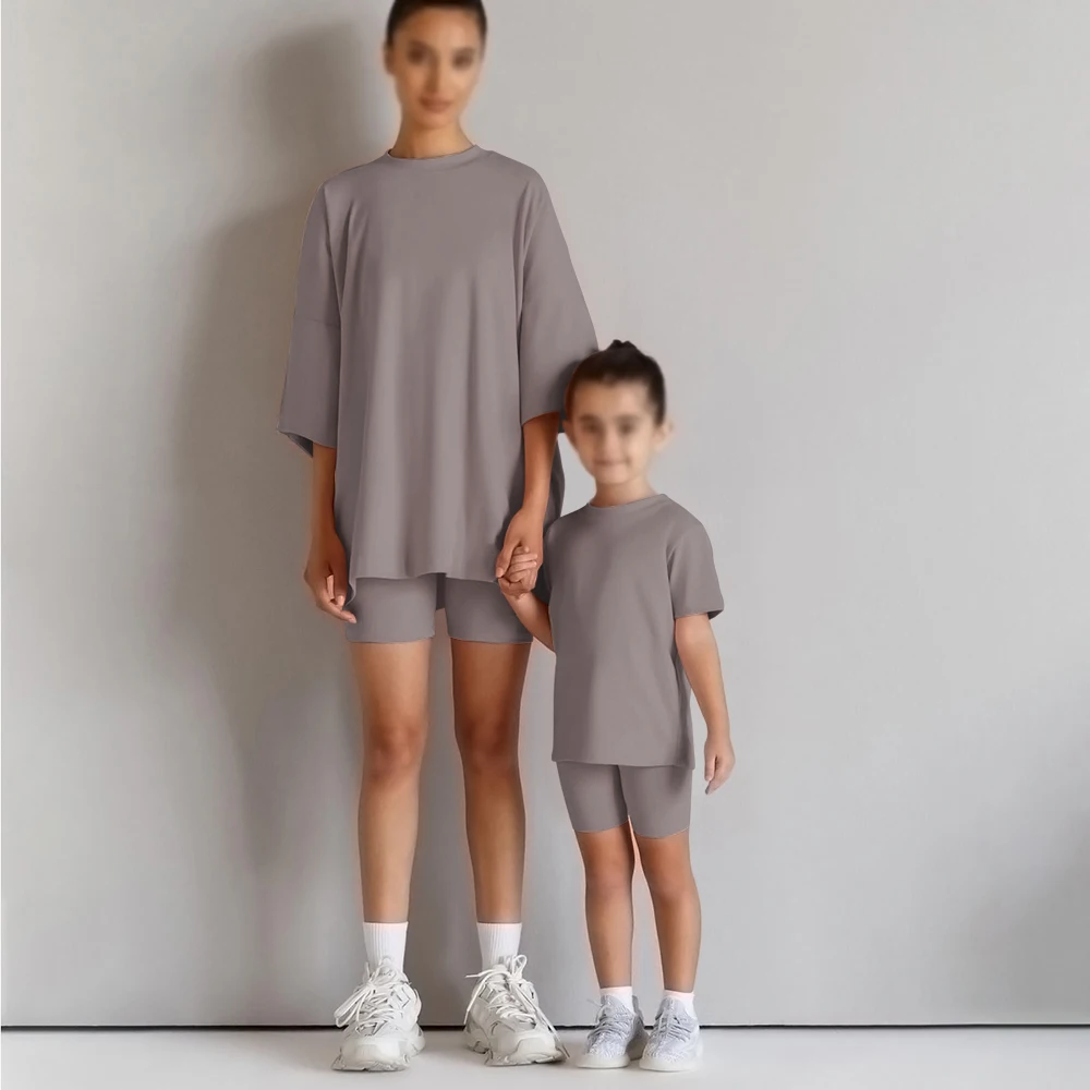 2026 familie Passenden Mutter Tochter Sommer Sets Solide Baumwolle Lounge Anzug Für Outfits Kleidung Jungen Mädchen Sport Leggings – Detail 7