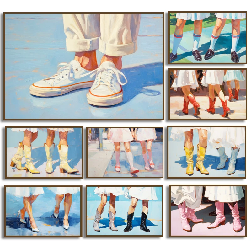 Retro Youth Oil Painting Students Wearing Sneakers High Heels Long Boots Posters Canvas Prints Art Home Room Wall Decoration