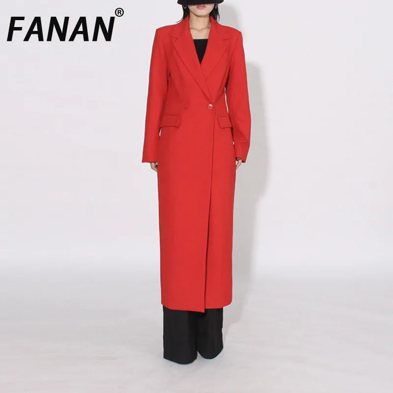 

FANAN Temperament Gathered Waist Trench For Women Double Breasted Office Lady Long Windbreaker Fashion Coats 2025 Spring New