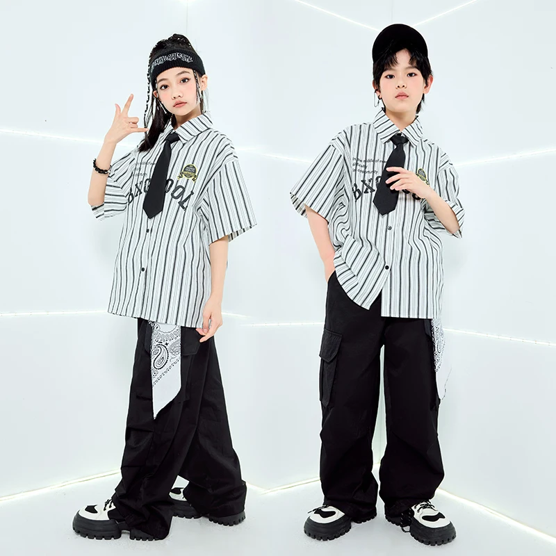 Vêtements de danse Hip Hop pour filles, chemise rayée, pantalon Cargo, tenues Kpop pour adolescents, vêtements de danse moderne Jazz, Costumes de scène pour garçons