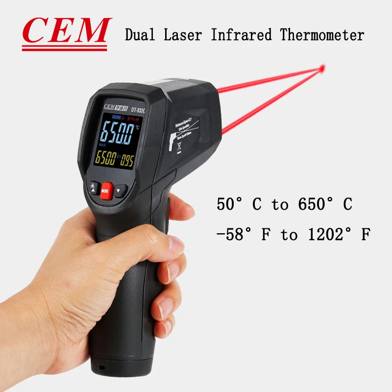 CEM 833C Dual Laser Digital Infrared Thermometer Gun Non Contact Temperature Gun -58°F ~1202°F/-50°C ~ 650°C Not for Human Body