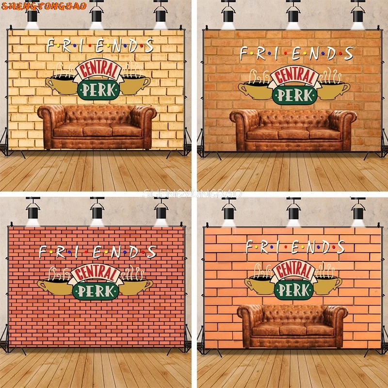 Friends Central Perk Backdrop Red Brick Wall Retro Pub Sofa and Coffee For 80s 90s Birthday Party Decoration Portrait Photoshoot