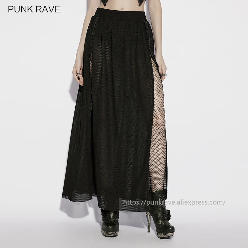 

PUNK RAVE Women's Gothic Daily Perspective Knit & Mesh Skirt Elastic Waistband Side Slit Design Sexy Mysterious Club Long Skirts